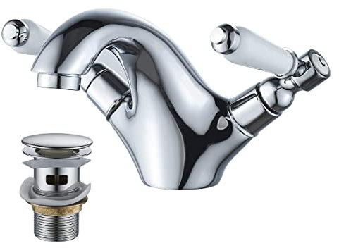 Luckyhome Mitigeur de lavabo à double levier avec bonde pop-up pour salle de bain Chromé Robinet chaud et froid Corps en laiton massif