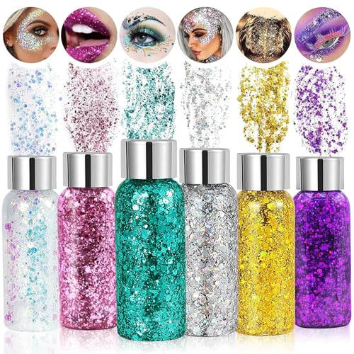 Glitzer Gesicht Set, Body Glitter Gel, Körperglitzer, Glitzer Schminke | 6 Farben für Gesicht, Haare, Körper, Nägel, Festival, Karneval, Fasching und Party