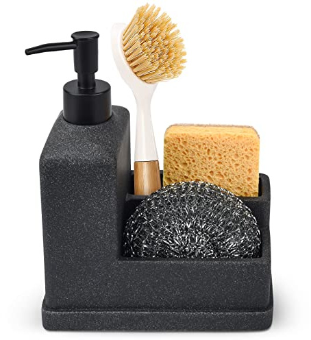 Soap Dispenser with Sponge Holder,Liquid Hand and Dish Soap Dispenser and Spong Caddy with Brush Holder 3 in 1 Countertop Organizer for Kitchen Sink and Bathroom,Black