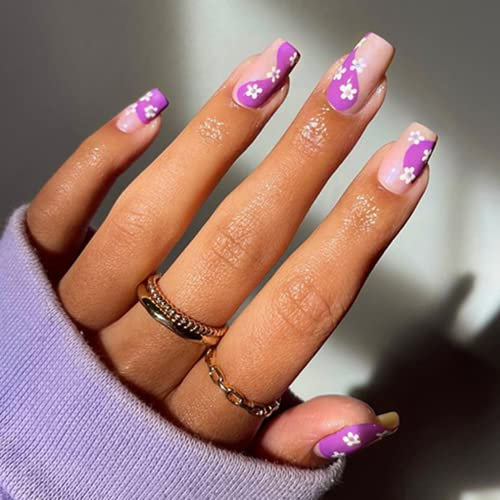 Ceboic Eckig Künstliche Nägel Kurz, French Lila Blumen Nägel Zum Aufkleben, Cute Ballerina Acryl Kunstnägel Press on Nails für Frauen und Mädchen Tägliche Nutzung, 12 Größen 24 Stück