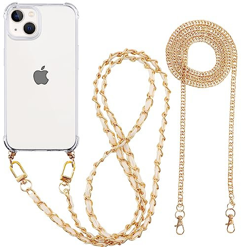 Pnakqil für iPhone 13 PRO Hülle mit Band und Kette, Handyhülle Transparent mit [2 Stück] Handykette zum Umhängen Kordel Necklace, Weiche TPU Stoßfest Schutzhülle Case, Gold & Weiß