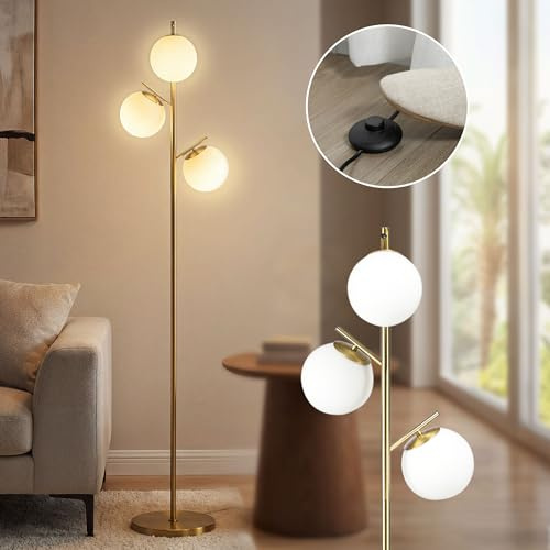 HOMCOM Stehlampe mit 3 E27 Fassungen, 3 Lampenschirmen aus Glas, Gold | Wohnzimmer Stehleuchte, Standleuchte, für Wohnzimmer Schlafzimmer, Exkl. Glühbirne