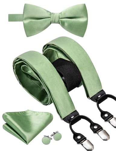 Hi-Tie Herren Hosenträger und vorgebundene Fliege mit Einstecktuch, stark, verstellbar, 6 Clips, Y-Rücken, Herren-Hosenträger, Salbeigrün, M
