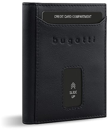 bugatti Secure Slim Mini Börse Spezial mit XL-Münzfach und RFID-Schutz aus Leder, schwarz Nappa