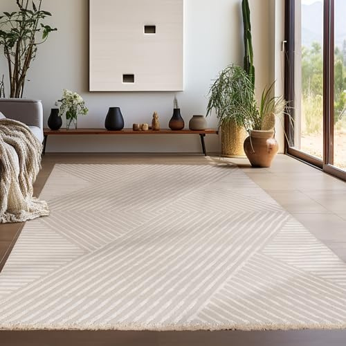 Teppium Tapis Salon Moderne Tapis Chambre Beige-5 120 x 170 cm - Tapis à Poils Courts, Effet 3D Style Scandinave, Motif bohème scandinave Moelleux et Doux - Tapis Cuisine Moquette Salle de Sejour
