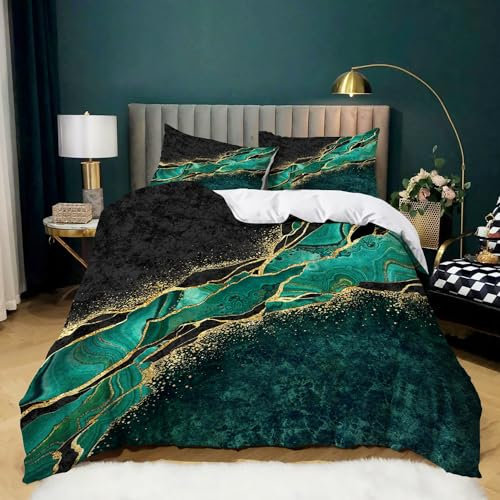 XCQHZYQ Luxus Marmor Bettwäsche 180x200 cm Mikrofaser 3-Teilig Bettgarnitur mit 1 Bettbezug und 2 Kissenbezüge 80x80 cm, Schwarzer Grüner Bettwäsche-Sets Kinder Erwachsene