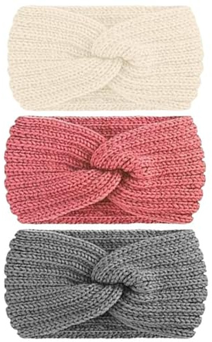 YOFASEN 3 Stück Stirnband Damen Winter - Gestrickte Stirnband Mädchen Frauen Stirnbänder Verdicken Haarband Ohrenwärmer Elastische Damen Häkelarbeit Stirnbänder Kopfband (Beige + Grau + Rosa)