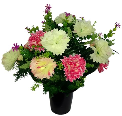 Grave Crem Pot Premium Artificial Arrangement Pink Cream Ivory Chrysanthemums for Graveside Cemetery Crematorium Memorial Vase Insert Gift for Mother's Day Birthday