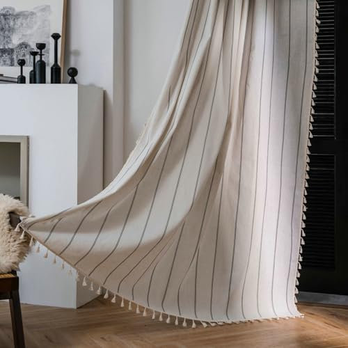 Daesar Vorhänge Lichtdurchlässig 2er Set, Vorhänge Beige 150x260CM mit Schwarz Streifen Muster Gardinen Halbtransparent Küche Wohnzimmer