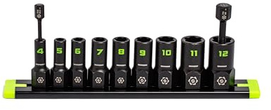 GRIPEDGE Tools | 9-PC - 1/4'' Drive Metric RPT Socket Extractor Set | Sizes 4 – 12 MM | Removes Broken Studs, Stripped Bolts and Lug Nuts | Includes Premium Aluminum Socket Rail|