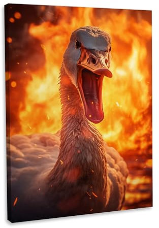 Hustling Sharks® Tierbilder auf Leinwand als XXL Wandbild Fire Duck - Tierbilder im Hochformat, Ente Bild, Wandbild Tiere, Ente, Witzige Leinwand (100x150cm)