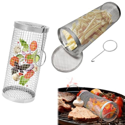 YanBous 2 Stück BBQ Grillkörbe, 24 cm × 10 cm, Mit zwei Haken,Zylindrisch, Edelstahl, Perfekt für Fisch, Fleisch, Gemüse