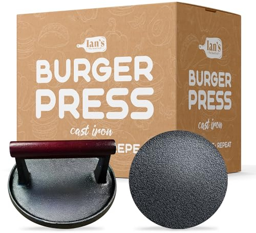 Ian's Smash Burger Press 6.5 Cast Iron Hamburger Press Heavy Duty - Burger Smasher Griddle & Meat Press - Makes Great Gift for Dad