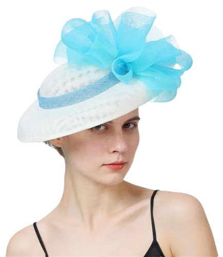 Fascinator mit großem Blumenmuster, mit Haarspange, Kopfbedeckung, Kirchen-Kopfbedeckung, Elfenbein mit Türkis, One size