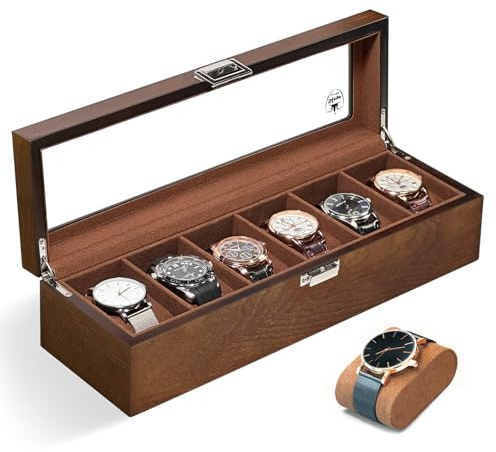 Uhrenbox aus Holz, für Herren, 6 solt, Uhrenaufbewahrungsbox, Uhrenhalter, Organizer für Herren, Uhrenständer, Uhrengehäuse für Uhrenschatulle mit Glasdeckel