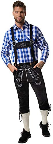 dressforfun Kniebund Kunst Lederhose Herren, Trachtenhose Herren, Trachtenlederhosen mit Träger und Latz, Hose in klassischer Leder Optik, mit weißen Stickereien - Diverse Größen