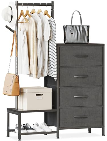 ODK Commode Chambre Adulte 3 en 1, avec Portant a Vetement Robuste et Deux Crochets, Double Etagere Chaussure, Contient 4 Tiroirs à Tissus en Convient pour la Chambre à Coucher et L'entrée, Noirs