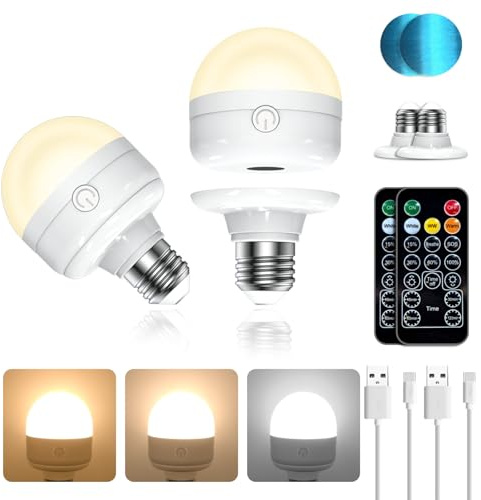 LUTW USB Rechargeable Light Bulb, 7W Dimmable and Detachable Battery Light Bulb E27, 3 Color Temperatures and Timmer Remote Control Light Bulbs for Non Hardwired Lamps, Wall Sconces, Camping, 2 Pack