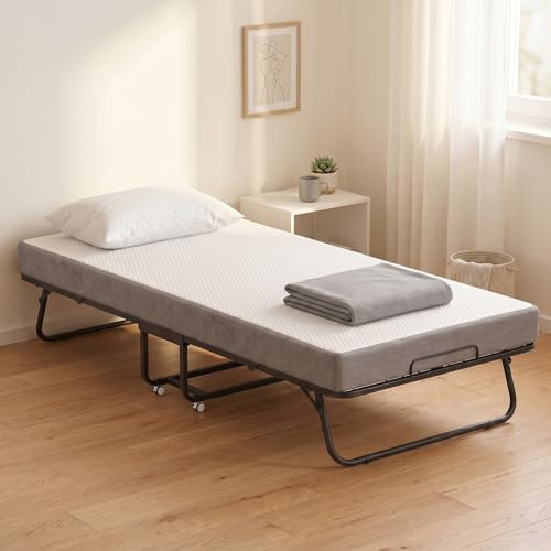 YRHome Gästebett Klappbar mit 13cm Dicke Matratze aus Gedächtnisschaum Klappbett Reisebett Faltbares mit Stahlrahmen & 4 Feststellbaren Rädern Schwarz Rollbett Metallbett Bis 200 KG - 200x90cm