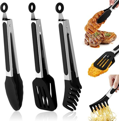 Leseed 3 Pièces Pince Cuisine Silicone, 27 cm Pince Barbecue Inox en Acier Inoxydable avec 3 Crochets, Silicone Résistantes (230 °C), Pince de Cuisine pour Cuisson, Salade, Pâtes (Noir, 27cm)