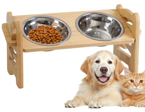 Ciotola rialzata per cani e gatti, regolabile in altezza, PORFOYO, in legno con 2 ciotole in acciaio inox, 300 ml, ideale per animali di piccola taglia