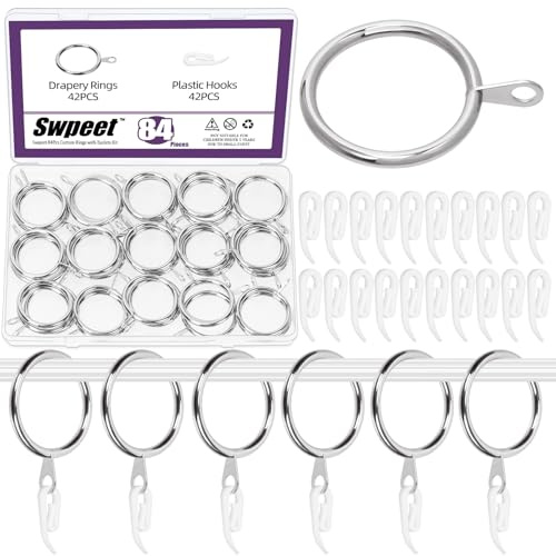 Swpeet 84Pcs 30mm argento della tenda in metallo con gancio della tenda in plastica Kit assortimento, dell'occhiello scorrevole della tenda, anelli clip per la camera da letto del bar dell'albergo Rod