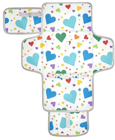 Wickelunterlage mit bunten Regenbogen-Herzen, wiederverwendbar, mit Taschentuchtasche, wasserdichte Pads für Babys, mit integriertem Kissen, Cambiador de pa?ales para Bebes