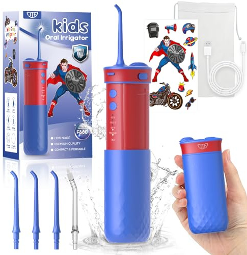 JTF Portable Water Flosser for Kids: 4 Gentle Modes for Ages 6+, Safe & Effective for Sensitive Teeth, Braces - with DIY Stickers, 4 Nozzles, Travel Bag, Mini Compact Oral Irrigator for Home & School