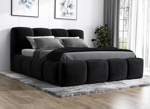 A&J MöbelLand Polsterbett 140x200 mit Bettkasten und Lattenrost – DONA, Bett mit Matratze und Stauraum in Schwarz