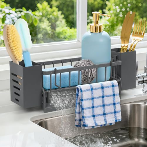 Minicoco Kitchen Sink Caddy Plastic Sponge Holder for Kitchen Organiser Sink Tidy with Removable hanging cloth rod (Grey) ﻿