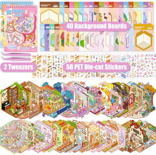 40 Sets DIY 3D House Stickers Scene Kit, Sticker Therapy, Stress Relief Creative Scene Reusable Sticker Book with 58 PET Stickers, 40 Miniature Cabins, 2 Tweezer, Gift for Adults Kids Girls Boys Teens