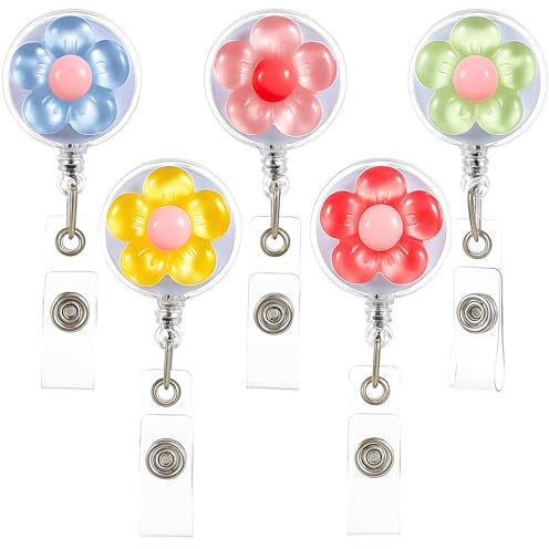 5 Pack Flower Retractable Badge Holder, Cute Flower ID Card Holder, Round Nurse Badge Reel Clip Retractable Keychain Lanyard with Key Ring for Nurse Doctor Teacher Office Volunteer
