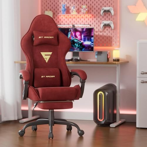 WoRaum Silla Gaming Ergonómica con Masaje de Cintura,Silla Gamer Reposapiés y Reposacabezas Retráctil,Silla Oficina Material de Terciopelo cómodo,Rojo