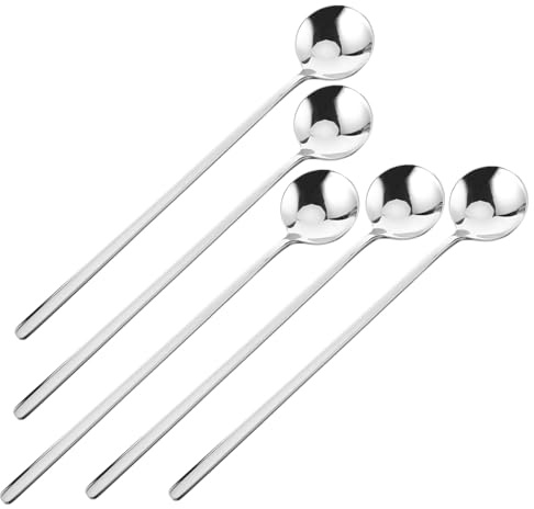 Toyvian 5 pièces Lot de Cuillères Inox Rondes à Long Manche Cuillères à Dessert Café et Glace Poignée Épaisse Ergonomique Surface Polie Brillante Usage et Confortable