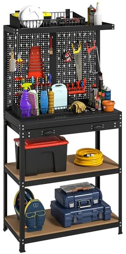 HOMCOM Werkbank 80 x 40,5 x 155 cm mit Lochwand, Haken Schublade Schwarz | Werkzeugbank, 2 Ablagen, Arbeitstisch, 240 kg Tragkraft, Werktisch aus Metall, für Werkstatt