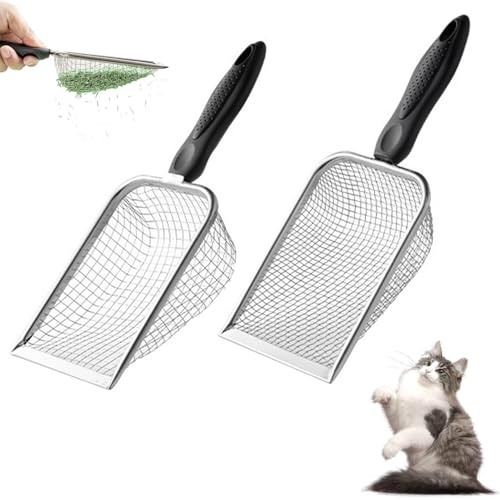 QiMan 2 stycken kattlåda, spade, kattströspade av rostfritt stål, halkfritt plasthandtag, spade kattlåda, stabil med nät, kattspade för kattlåda. (3,8/5 mm mask)