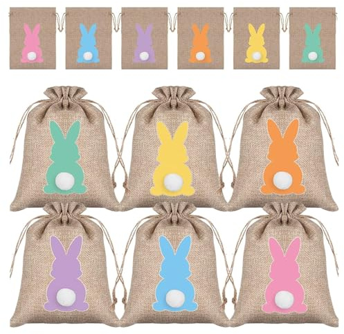 12 Stück Stoffsäckchen zu Ostern, Hasen Jute Geschenktüten mit Kordelzug, Oster Geschenktüten für Oster, Candy Tüten Geschenktüten Hasen Ostertüte (Braun)