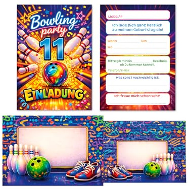 12 Einladungskarten inkl. 12 Umschläge 11. Kindergeburtstag Bowling Mädchen Kinder Junge Einladungen elfte Geburtstag Bowlingparty Geburtstagseinladungen Jungsgeburtstag Mädchengeburtstag