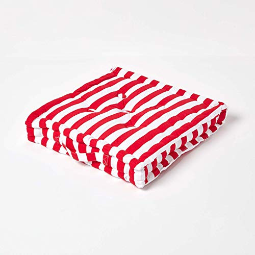 Homescapes Breit gestreiftes Bodenkissen – rotes Sitzkissen 40x40 cm mit Tragegriff für Stühle & Boden, Matratzenkissen mit Blockstreifen, Sitzerhöhung für Garten & Balko