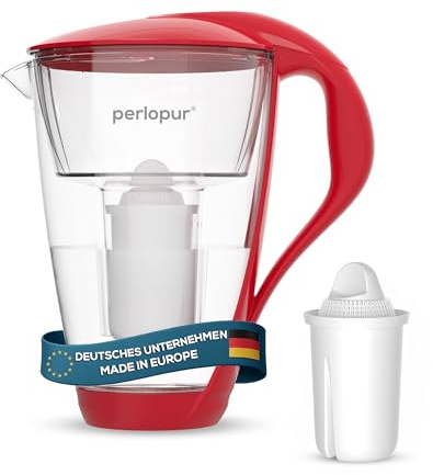 perlopur® Glas-Wasserfilter (rot) +1 Filterkartusche Universal | Borosilikatglas, 2 l gesamt, 1 l gefiltert, LED-Anzeige, für classic Kartuschen, reduziert Kalk, Chlor & andere Schadstoffe