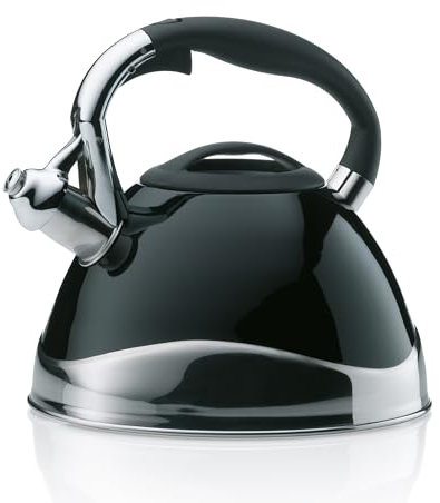 kela hervidor inducción 3L, hervidor flauta acero inoxidable, para todo tipo de placas, con apertura segura de la tapa del caño por botón, VARUS, hervidor de té negro brillante