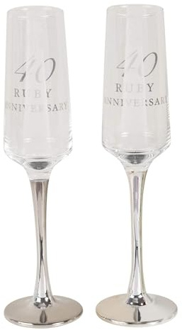 CC Personalised Amore Set of 2 Ruby 40th Wedding Anniversary Straight Champagne Flutes with silver stems - Add Your Own Message (Not Personalised)