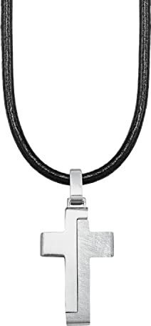 s.Oliver Kette mit Anhänger Edelstahl Leder Jungen Kinder Halsschmuck, 40+3 cm, Schwarz, Kreuz, Kommt in Schmuck Geschenk Box, 2024225