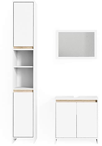 Vicco Badmöbel-Set Emma, Weiß/Sonoma, 58 cm | besteht aus Waschbeckenunterschrank, Spiegelschrank und Hochschrank