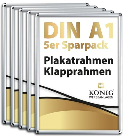 Dreifke 5 Plakatrahmen DIN A1 | abgerundete Ecken | 25mm Alu Profil, silber | inkl. entspiegelter Schutzscheibe | Alu Klapprahmen Wechselrahmen Posterrahmen | 5er Sparpack