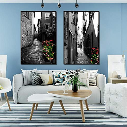 XIANGPEIFBH Nordic Restoring Ancient Ways Style Alte Gebäude Schmaler Pfad Poster drucken Leinwandbilder für Wohnzimmer Home Decorative 50x70cmx2pcs Ungerahmt