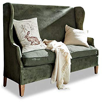 Loberon Sofa Ombra, klassischer Ohrenbacken-Stil, edler Materialmix, Ohrensessel, Sitzmöbel, Mangoholz, Polyestersamt, Leinen, antikgrün