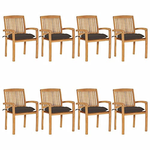 Tidyard 8X Stapelbare Gartenstuhl mit Kissen Holzstuhl Gartenstühle Gartensessel Stapelstuhl Gartenmöbel Sessel Taupe