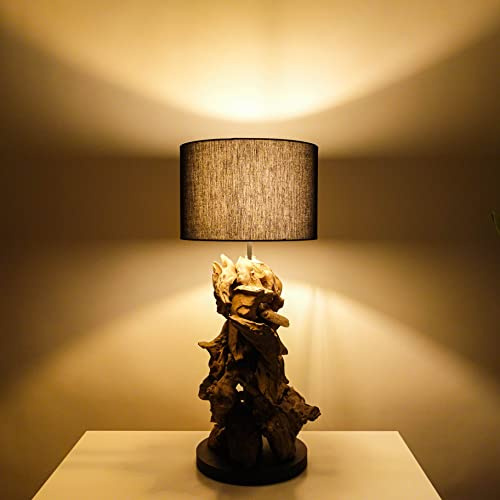 AquaOne Lampe Denver Natur I Holzlampe Tischlampe 70 cm Naturholz Rustikal I Holz Möbel Deko Tischleuchte I Handarbeit mit Unikat Wurzel I Lampenschirm in schwarz