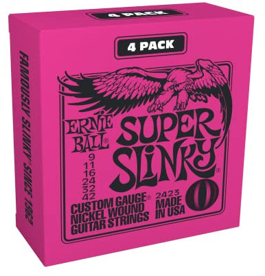 Ernie Ball Super Slinky Nickel Wound E-Gitarrensaiten, 4er-Pack, Stärke 9-42